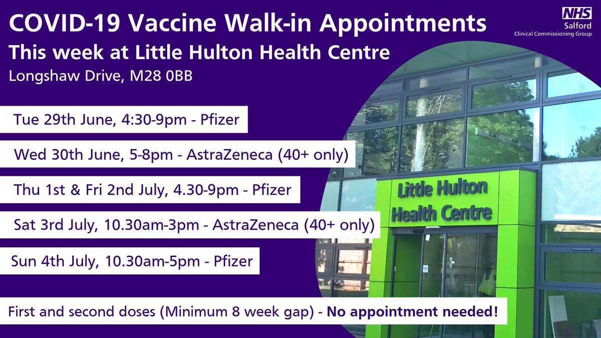 salford primary care together on twitter walk in covid 19 vaccine clinics at little hulton health centre this week m28 0bb 1st 2nd doses if 1st 8 weeks ago no salford primary care together on twitter walk in covid 19 vaccine clinics at little hulton health centre this week m28 0bb 1st 2nd doses if 1st 8 weeks ago no