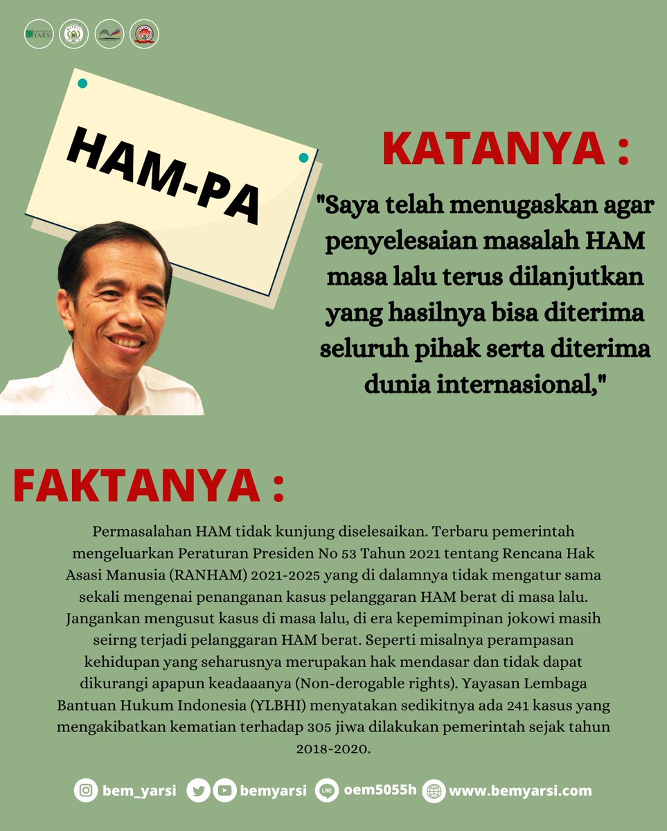 Jokowi kerap kali mengobral janji manisnya. Berbagai pernyataan dilontarkan, namun faktanya hingga kini banyak yang dilakukan tidak sesuai dengan pernyataan yang dilontarkan. Mulai dari HAM, Pembangunan, pangan hingga lainnya.