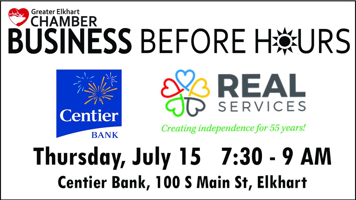 getREALServices's tweet photo. Business Before Hours Hosted by Centier Bank + REAL Services on Thursday, July 15 from 7:30 – 9:00 a.m. Centier Bank is located at 100 S. Main Street, Downtown Elkhart. This event is in person and complimentary to attend however registration is requested
https://t.co/MV6DkQTQPY https://t.co/ZxcKT6OsfM