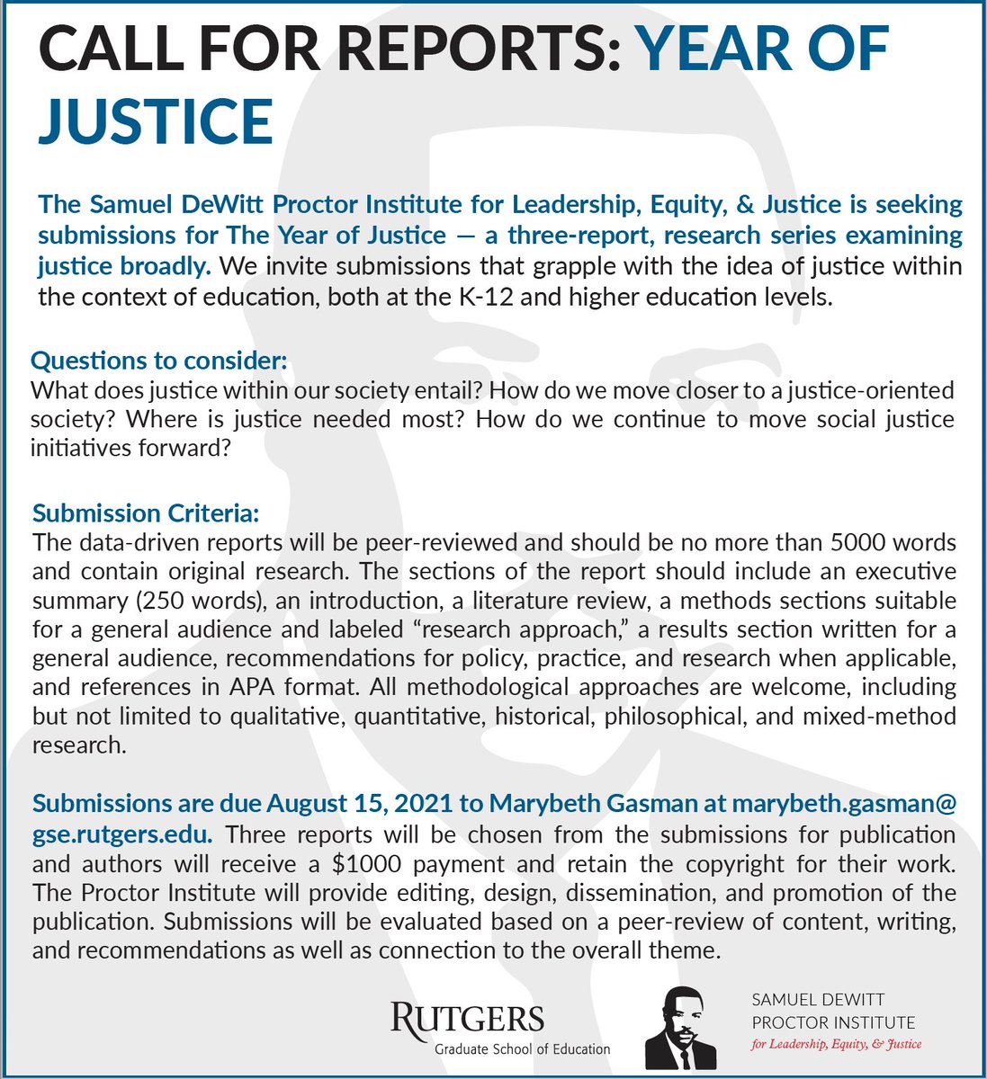 SDPInstitute's tweet photo. Don't forget about our #YearofJustice call for reports!
📢 We invite submissions that grapple with the idea of #justice within the context of #education! 📢
Learn more here: https://t.co/sbJaBylN6K
#YOJ #academictwitter #socialjustice #highered #K12 #yearofjustice #research https://t.co/6dCFs5A14F