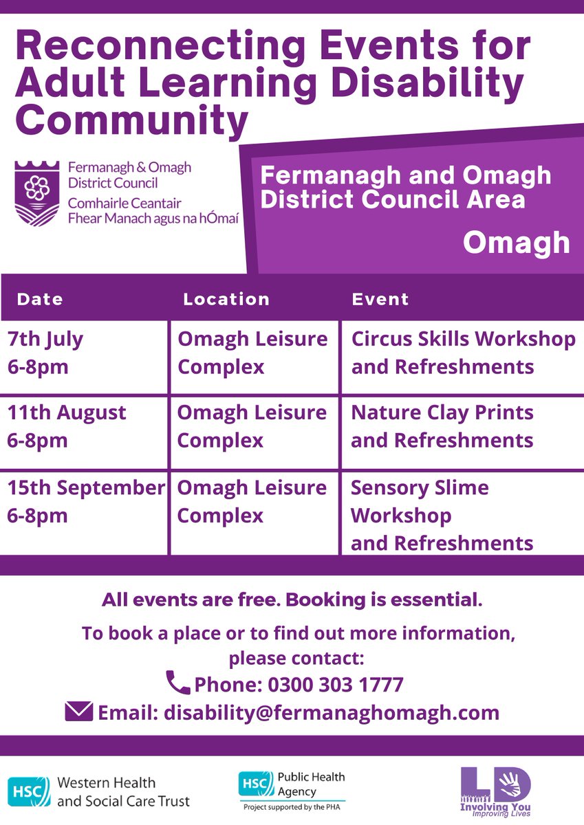 Reconnecting Events from <a href="/fermanaghomagh/">Fermanagh & Omagh District Council</a> for Adult Learning Disability Community in Omagh.

For more information or to book a space please contact Matthew on 0300 303 1777 or email disability@fermanaghomagh.com.

#mywayaccess #FODC #fermanaghomagh #disabled #learningdisabilities
