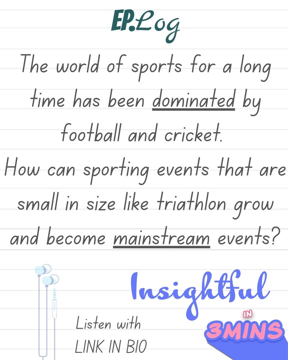 EpLogMedia's tweet photo. How can nascent sports become mainstream events?
Tune in to the latest episode of #Insightfulin3min to find out!

Listen now on @EpLogMedia 
feat: #protriathlete @LauriPhilipp 

🔗 https://t.co/I4vNjROBxY

#podcast #sports #triathlon #olympics2021 #tokyoolympics https://t.co/UiSl5FA2Hl