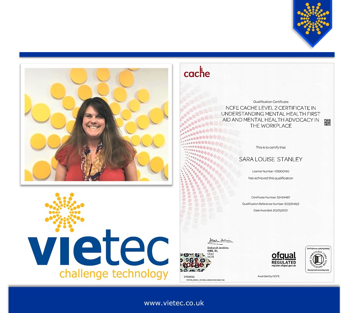 VietecLtd's tweet photo. We wish to congratulate Sara (Internal Sales at vietec) who has been awarded the NCFE Cache Level 2 certificate in Understanding Mental Health First Aid and Mental Health Advocacy in the Workplace. This is another progression in our accreditation process for  @WorcsWorksWell https://t.co/iJ8JH2jKJT