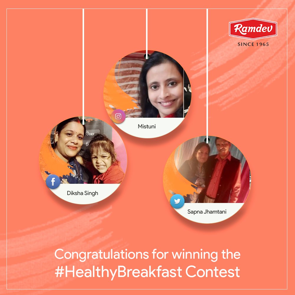 Ramdev_Food's tweet image. #HealthyBreakfast Thank you all for sharing such healthy &amp;amp; yummy recipes with us. Here are three lucky winners from the contest. Congratulations!!! You'll receive a voucher soon.
#ContestWinners #BreakfastContest #RamdevContest #PrimiumSpices #BasicSpices #CookingWithLove