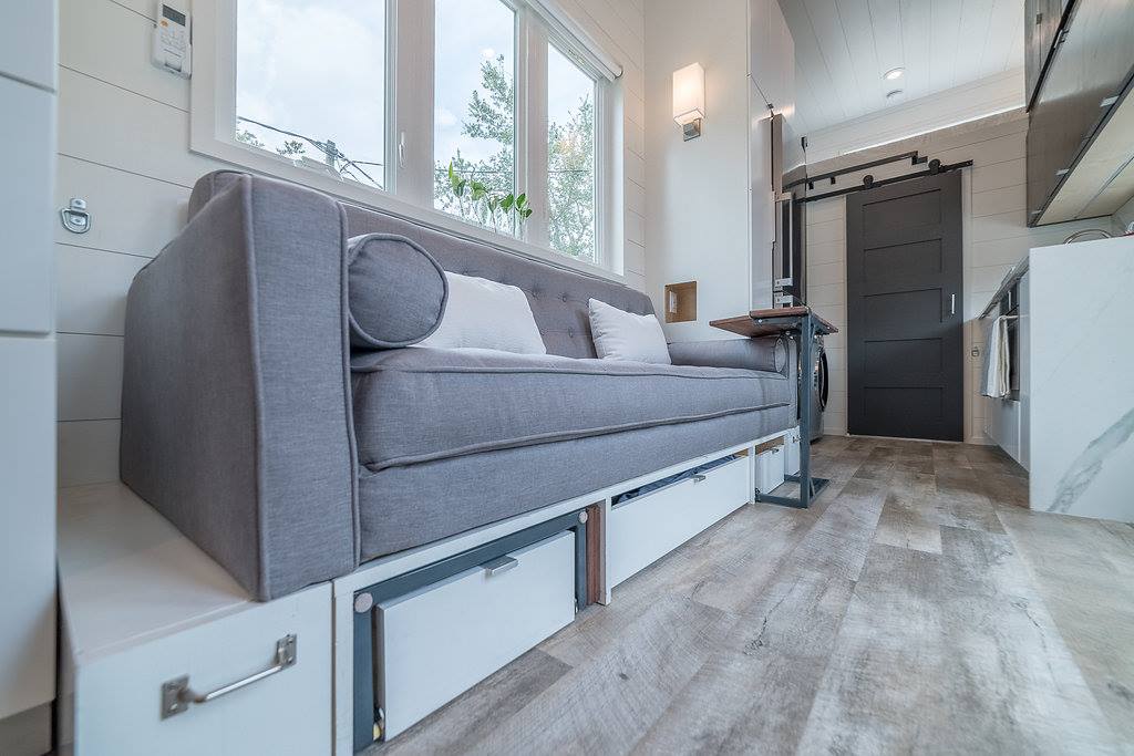 Movable_Roots's tweet photo. Could you work from home on this couch? Yes, please! That zebra wood was beautiful. 
Check out more photos of the Boehm custom build by clicking the link below. #custom #tinyhomeonwheels #design 

https://t.co/SSqGbC6bFB https://t.co/2HRqwFRd98