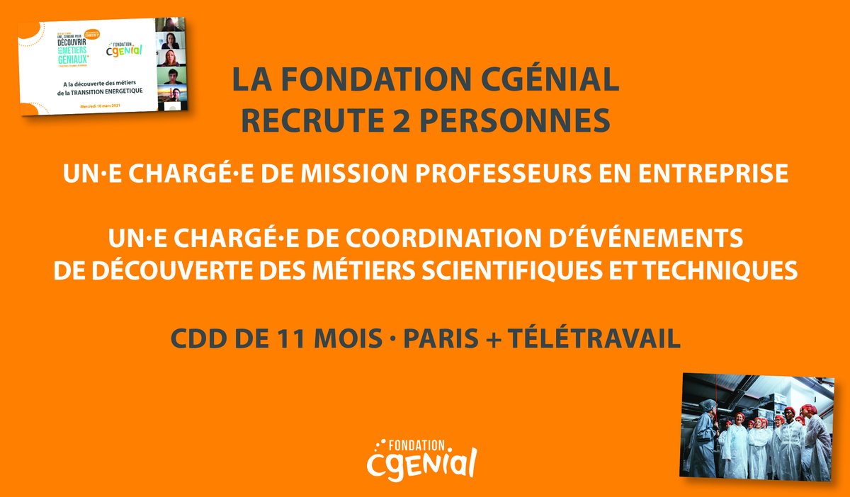 📢La Fondation CGénial recrute !! 

👉Chargé·e de coordination d’événements de découverte des métiers scientifiques et techniques
cgenial.org/uploads/media/…

👉Chargé·e de mission Professeurs en entreprise
cgenial.org/uploads/media/…

🚨Candidatures à envoyer avant le 15 juillet 2021 !