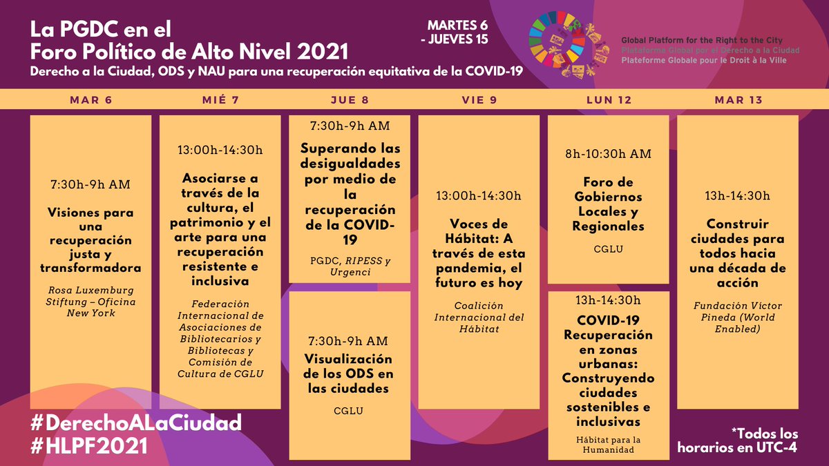 🟠 La próxima semana estaremos en el #HLPF2021 ❗️

📢Para reclamar la implementación del #DerechoALaCiudad, los #ODS y la #NUA para una recuperación equitativa del #COVID19

👀Echa un vistazo a nuestra agenda y únete: right2city.org/the-gpr2c-at-t…