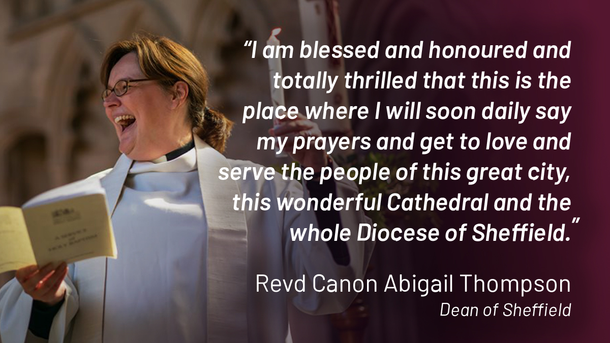 sheffcath's tweet image. It has been announced live today from the Cathedral that the next Dean of Sheffield in the @DioceseofSheff will be the Revd Canon Abigail Thompson @AbiTpriest. Abi is currently the Sub Dean (&amp;amp; Acting Dean) of @StAlbansCath.

Watch the announcement: sheffieldcathedral.org/news/2021/6/29…