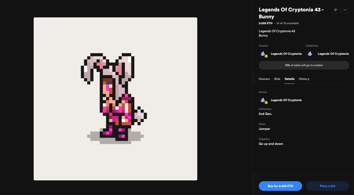 CryptoniaOf's tweet image. Legends Of Cryptonia 43 - Bunny 🐰

Collection - 2nd Gen.
Class - Jumper
Capacity - Go up and down

#NFT #RPG on @rariblecom ⚔️🔥

10ex - 0.025 ETH  (~46$)
▶️rarible.com/token/0x876295…

---
Still available :
rarible.com/legendsofcrypt…
Website : 
legendsofcryptonia.com