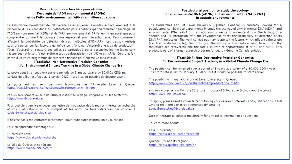 I am searching for a new postdoct to join our team to work on #eDNA #eRNA ecology Check the description and apply ! <a href="/eDNAScience/">environmental DNA</a> @eDNAmonitoring <a href="/eDNA_papers/">eDNApapers</a> <a href="/fsbi/">Brian Taylor</a> <a href="/molecology/">Molecular Ecology</a>