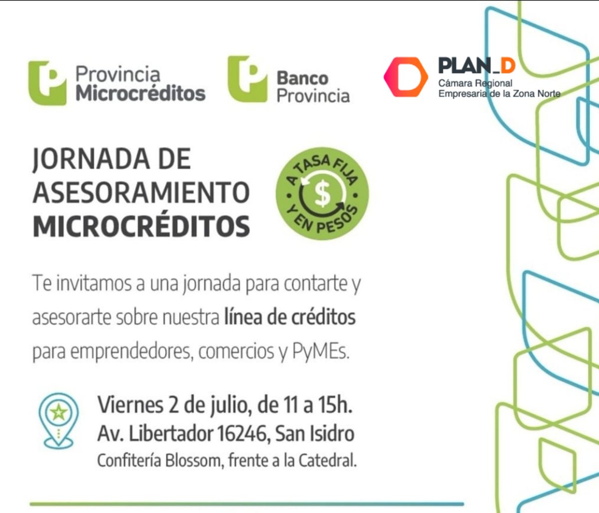 Los invitamos a participar de la Jornada de Asesoramiento de Microcréditos para emprendedores, comercios y PyMEs 📍Viernes 02/07 de 11 a 15 en Confitería Blossom, San Isidro