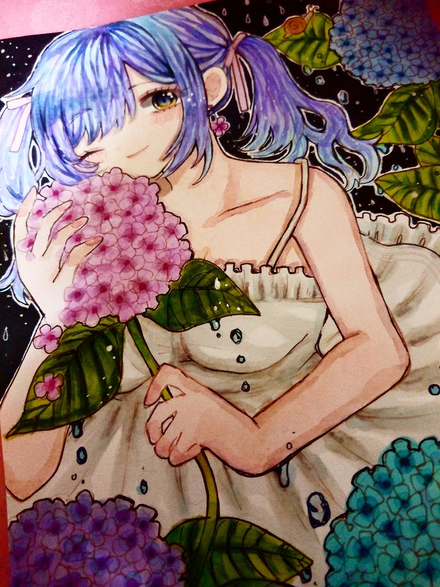 紫陽花と少女 新作 絵描きさんと繫がりたい お絵描き好きさんと ももうさぎ 水彩とコピック のイラスト 紫陽花と少女 新作 絵描きさんと繫がりたい お絵描き好きさんと ももうさぎ 水彩とコピック のイラスト