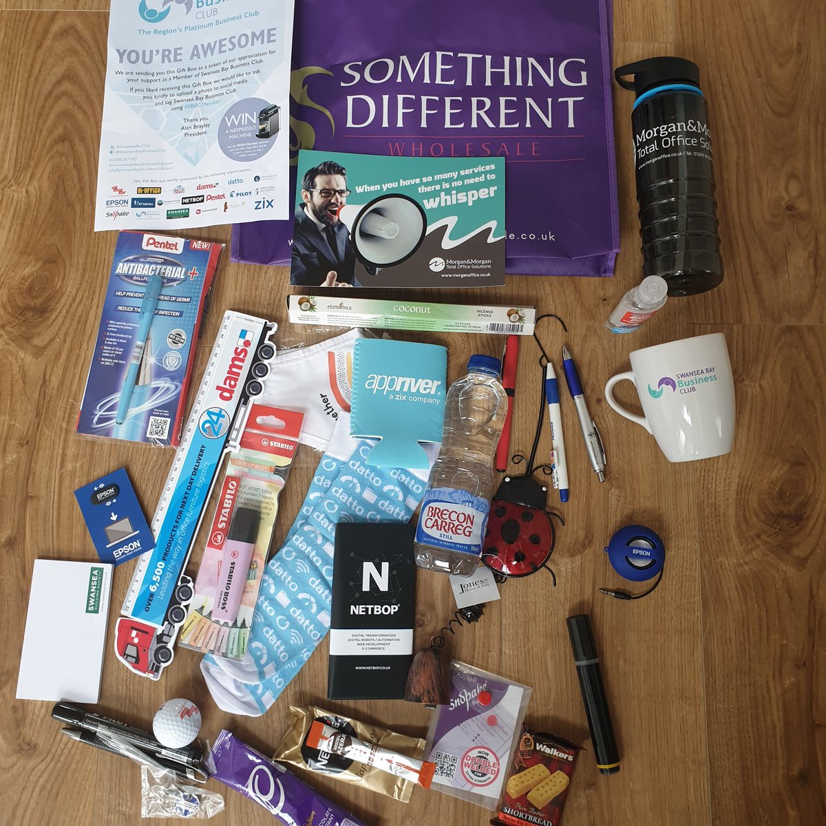 huw__rees's tweet photo. https://t.co/J2UVt1KUMt is a great way to meet other regional business leaders. Today received an amazing haul of surprise free gifts from the club. Thank you!  #SBBCMember https://t.co/90FpsZvpGj