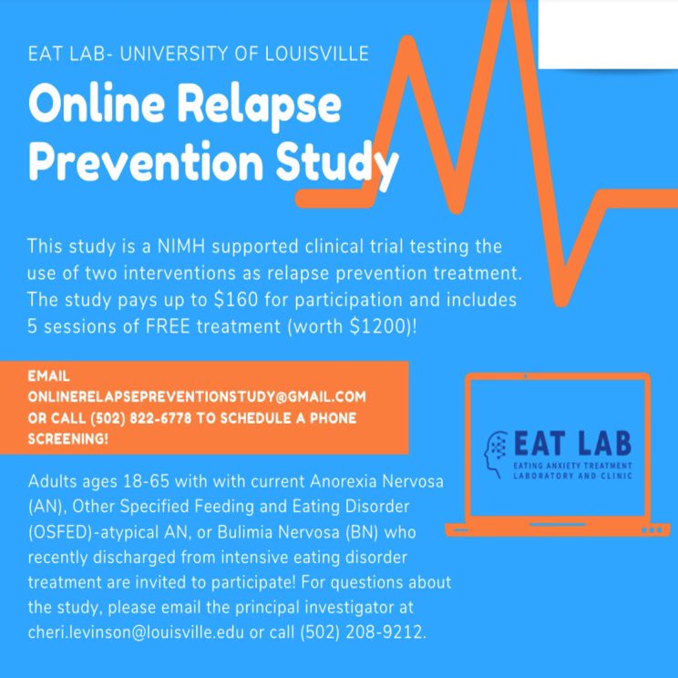 uofleatlab's tweet photo. Help us cure eating disorders and receive free treatment!! Participate in a new PAID study with the EAT Laboratory. Join a clinical trial comparing two 5-week online #eatingdisorder relapse prevention treatments! Email onlinerelapsepreventionstudy@gmail.com for more information! https://t.co/meWi1yiD4J