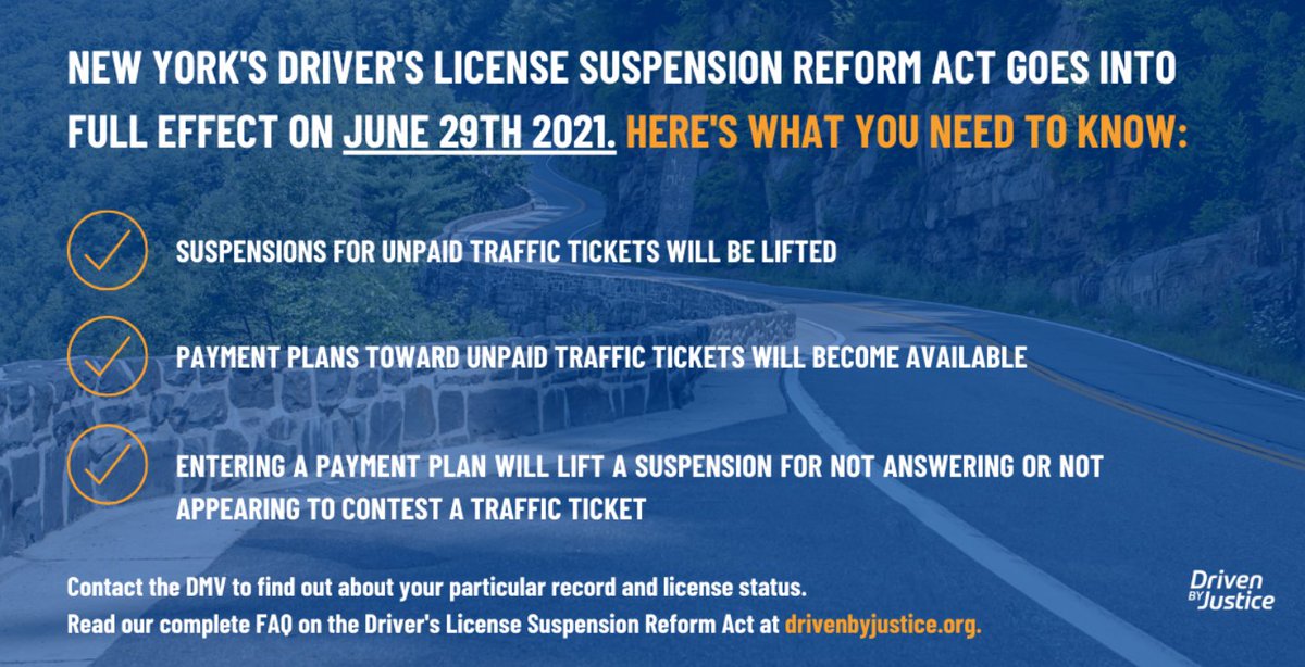 TODAY: New York's Driver's License Suspension Reform Act goes into effect, ending NY's policy of suspending licenses for unpaid tickets.

Hundreds of thousands of NY'ers can now regain the ability to legally drive.

Learn more in this press release &amp; FAQ: finesandfeesjusticecenter.org/2021/06/28/new…