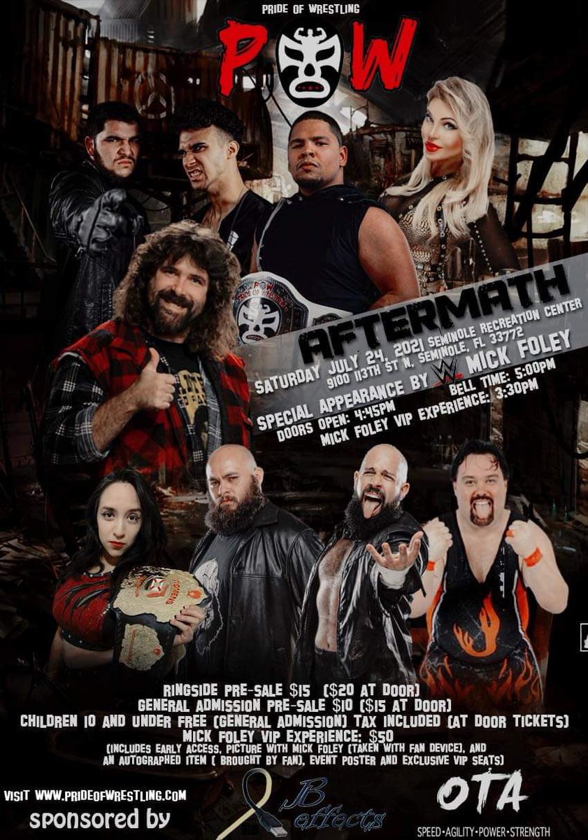 powrestlingllc's tweet photo. #POW presents #POW15 #Aftermath featuring #WWE #HallofFamer @RealMickFoley Saturday July 24th 5:00pm at the Seminole Recreation Center in Seminole FL. Get your tickets today https://t.co/ZsNSJZ4vvG https://t.co/S30cBdtBJi
