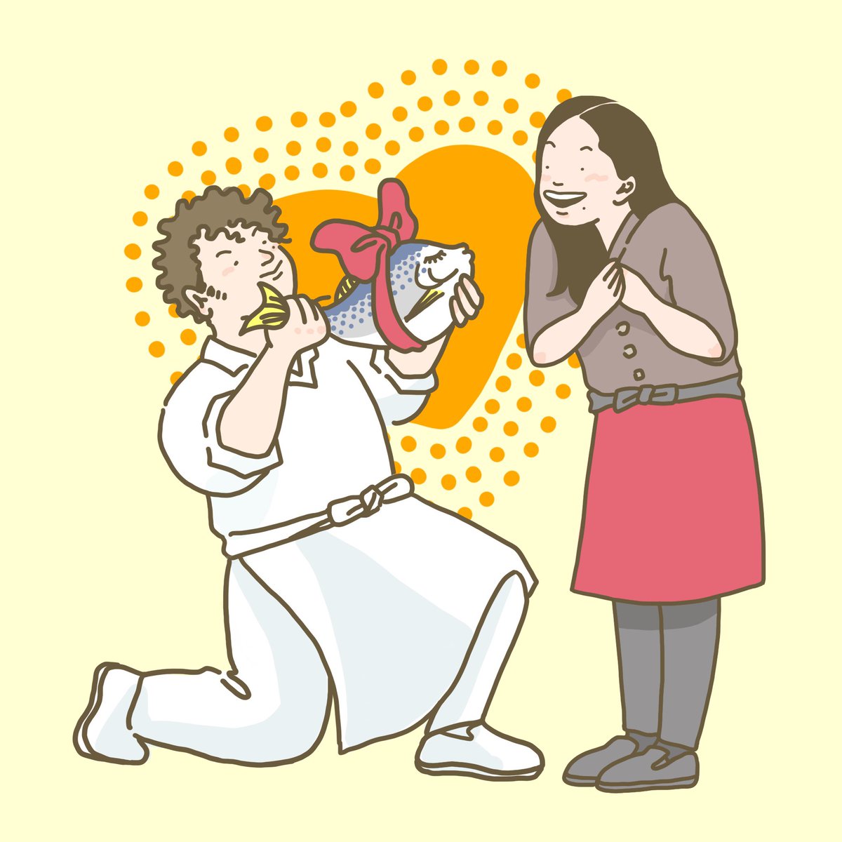 しのだまなこ على تويتر お寿司屋さんご夫婦のイラスト もう長いから渡してるのはバラよりお魚がいいかな と仰っていました