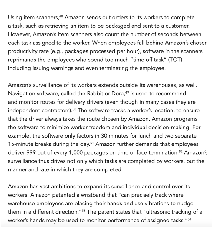 openmarkets's tweet photo. Amazon uses #RateAndTOT and vast surveillance operations to ensure that every aspect of a worker’s tasks is optimized, so Amazon can extract as much labor from workers as possible.

More on this in @danielahanley's report on Amazon's #workersurveillance: https://t.co/9yM2NJZg5m https://t.co/oD2i8AzpcV
