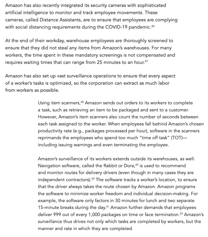 openmarkets's tweet photo. Amazon uses #RateAndTOT and vast surveillance operations to ensure that every aspect of a worker’s tasks is optimized, so Amazon can extract as much labor from workers as possible.

More on this in @danielahanley's report on Amazon's #workersurveillance: https://t.co/9yM2NJZg5m https://t.co/oD2i8AzpcV