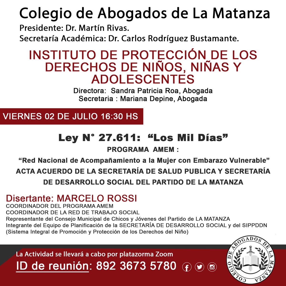 calmatanza's tweet photo. La actividad se realizará a través de la plataforma Zoom. Quienes se encuentren interesados podrán Ingresar directamente:
ID de reunión: 892 3673 5780
#calm #colegiodeabogados #pertenenciacalm https://t.co/v8MxZgxDQ4