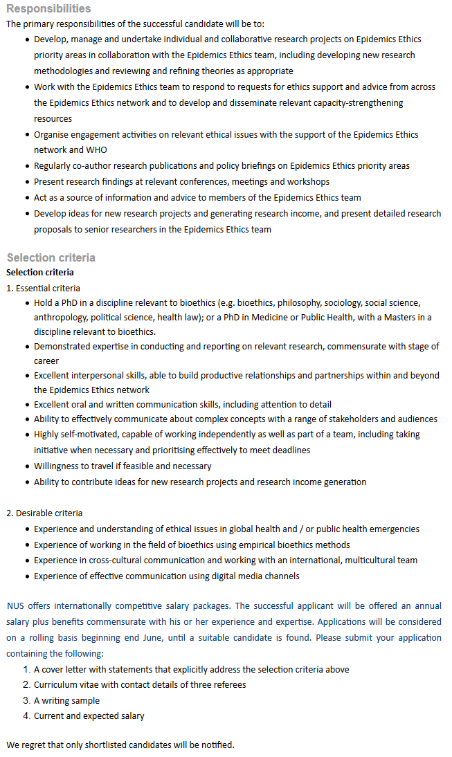 NUS_CBmE's tweet image. 🚨 HIRING 🚨

👉 Research Fellow

at @NUS_CBmE in Singapore

part of the @EpidemicsEthics Project 
(by @Ethox_Centre &amp;amp; @WHO)
with Voo Tech Chuan &amp;amp; @Susan_Bull_

for 12 months
careers.nus.edu.sg/NUS/job/Kent-R…