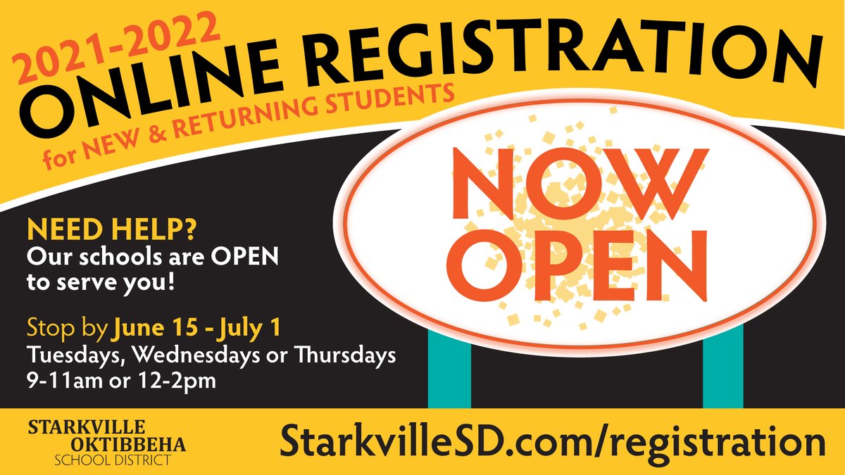 Don't Forget! Registration for the 2021-2022 school year is open at starkvillesd.com/registration

This week, parents who need assistance may complete their child's online registration at school on Tuesday, Wednesday or Thursday at 9-11am or 12-2pm. 

#StarkvilleSpark