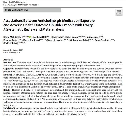 📢Delighted to share the 3rd paper during my PhD journey📢 

Here, we present a systematic review of the evidence relating to associations between anticholinergics &amp; adverse outcomes *specifically in older people with #frailty 📚📚

link.springer.com/article/10.100…

#deprescribing #ACB