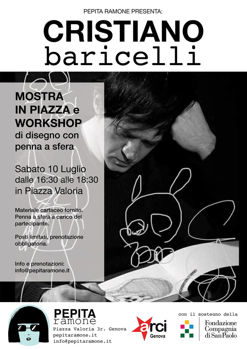 L'Associazione ARCI Pepita Ramone presenta  "CRISTIANO BARICELLI - Mostra e workshop" 🖊️

Sabato 10 Luglio, 16.30-18.30. Mostra delle opere e workshop di disegno con penna a sfera (Genova - Piazza Valoria 3r.)