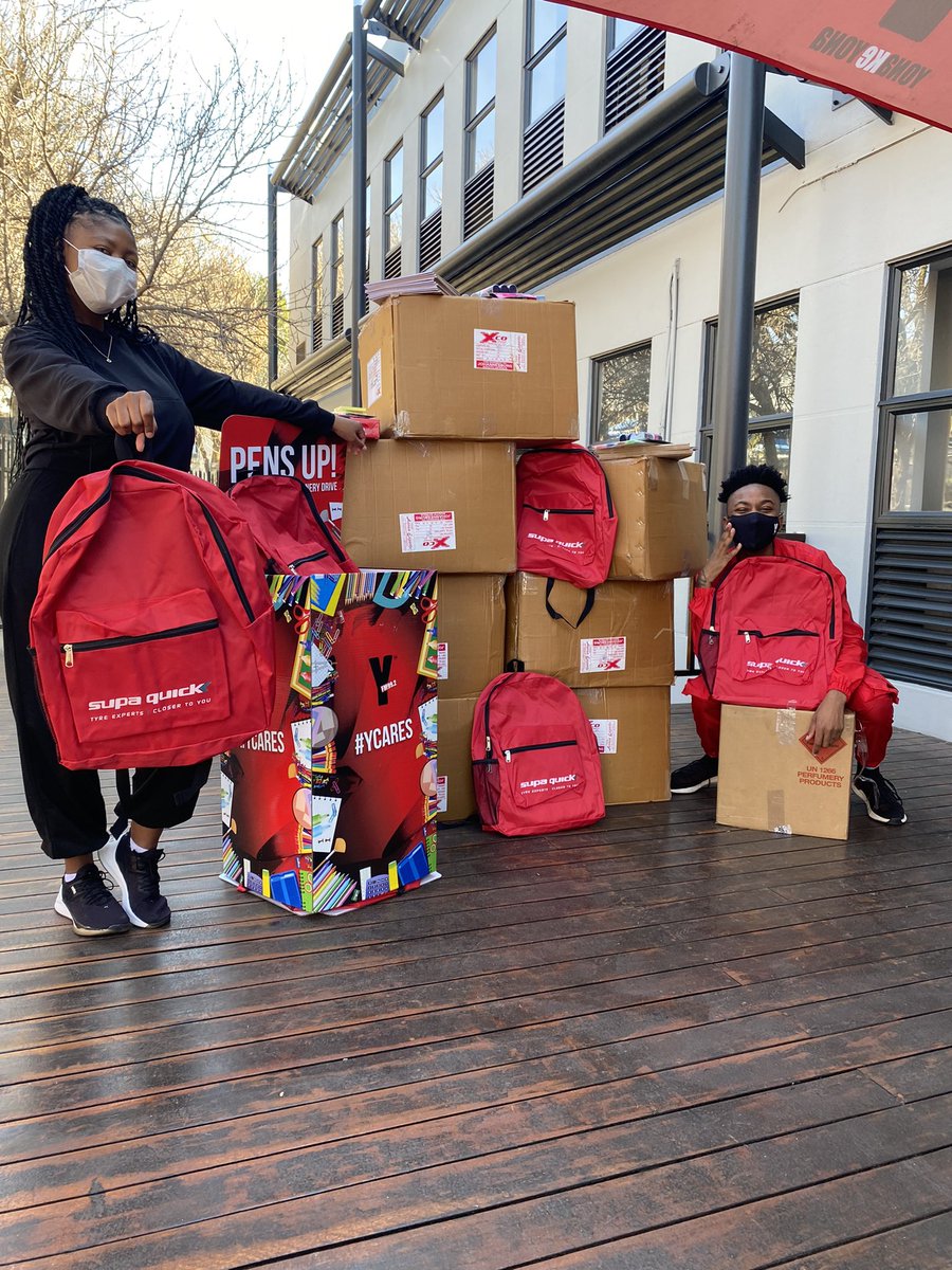 Yfm's tweet photo. A big thank you to @SupaQuickTyres for this amazing donation towards The #PensUp Stationery Drive by #TheShakedown!
All 150 backpacks will make a difference to the many learners in need.
#YCares https://t.co/UCAW9XlNZv