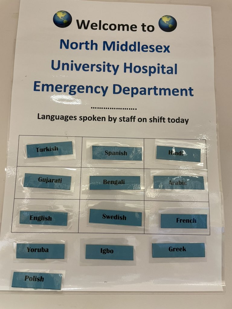 The #EDFamily language board is up, displaying languages spoken by staff on shift. To improve communication between patients and staff, allowing for quick translation and a better patient experience. #EDFamily #PuttingPatientsFirst