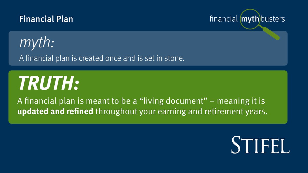 Myth: 

A financial plan is created once and is set in stone.

Truth: 

A financial plan is meant to be a “living document” – meaning it is updated and refined throughout your earning and retirement years.

