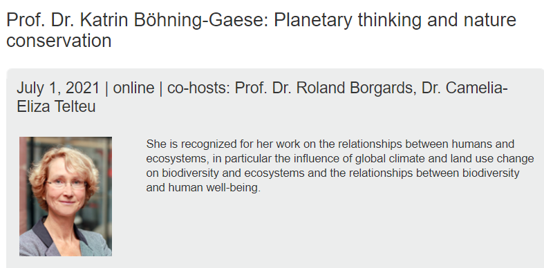 Senckenberg's tweet photo. 📢 Veranstaltungstipp: Am Donnerstag spricht Prof. Dr. Katrin Böhning-Gaese an der @goetheuni über "Planetary thinking and nature conservation". 

📅 1. Juli, 18 Uhr via Zoom

Hier anmelden: https://t.co/bf2L2YOjKF

🗨️ Der Vortrag wird in englischer Sprache gehalten. https://t.co/4rp1pyLeUb