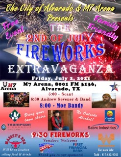 Head on down to Alvarado this Friday for the 2nd of July Fireworks Extravaganza at the M7 Arena with live music by Scant, Andrew Sevener &amp; Band, and <a href="/MoeBandyMusic/">Moe Bandy</a>!