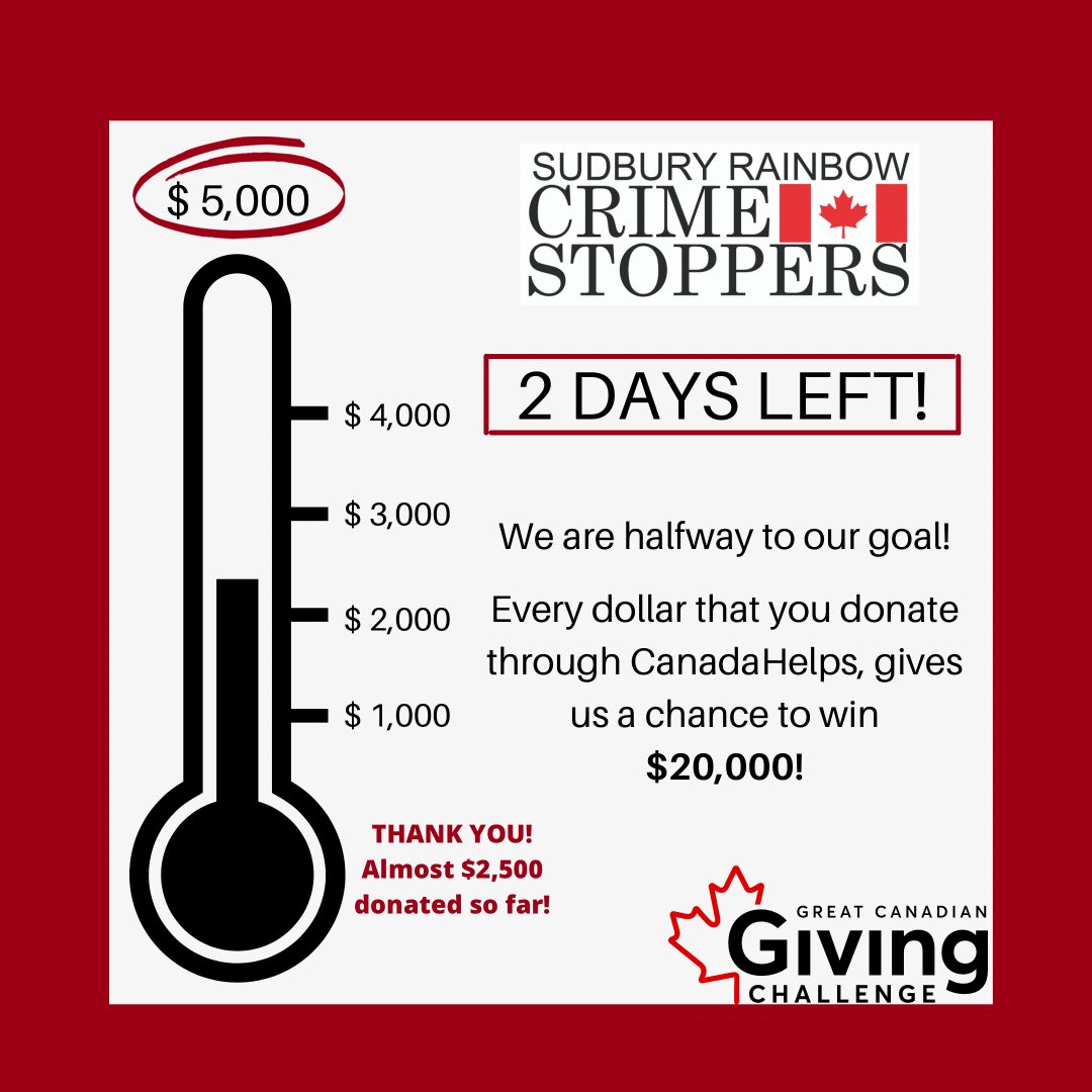 2 DAYS LEFT!

Only 2 days left to donate to our #givingchallengeCA campaign! Every dollar you donate gives us a chance to win $20,000!

And a big THANK YOU for almost $2,500 donated so far! 

Donate today: linktr.ee/stopcrimesud