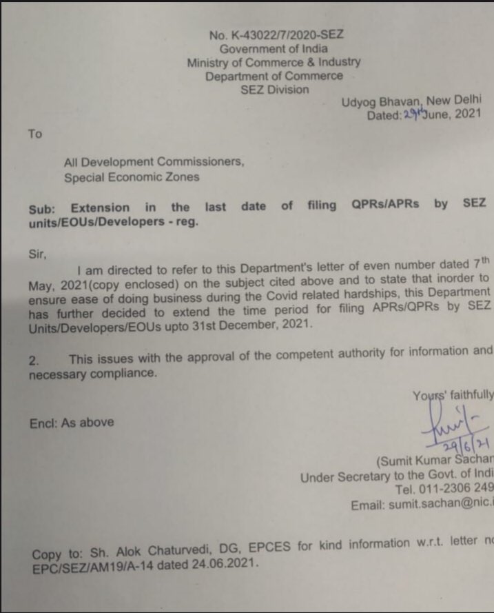 Thenukkr's tweet photo. #RevisedComplianceDate #SEZ                               MoCI further extended the time period for filing Annual Performance Report’s (#APRs)/ Quarterly Performance Reports (#QPRs) by #SEZUnits/ #Developers/ #ExportOrientedUnits upto 31.12.2021 @Director_SEZ @stpiindia https://t.co/91zuZVoeUd