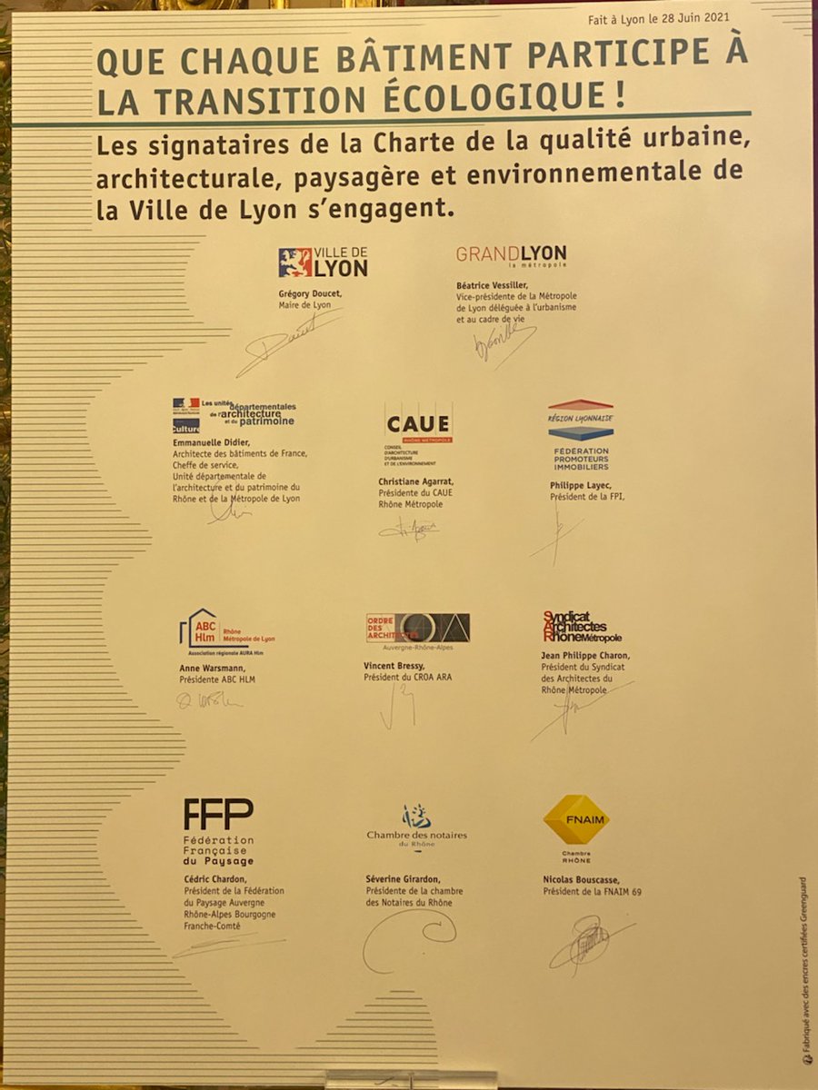 La <a href="/FNAIM69/">FNAIM Rhône</a>  a signé la Charte de la qualité urbaine, architecturale, paysagère et environnementale de la ville de Lyon.
Cette Charte engage les acteurs de l'immobilier, de la construction et la conception dans la transition écologique.#Fnaim69 #Lyon #VilledeLyon #Charte