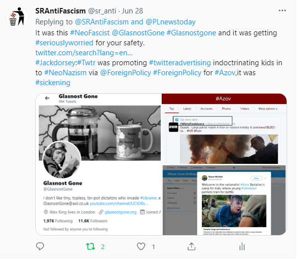 SRAntiFascism's tweet photo. @sr_anti @jack #11Yrs #OnTwitter can #KnowThe #ShadowBan #Técnicas making #Tweets #notviewable outside #TwitterTimeLine ie #RSPO #WWFKills *#Indígena*& #AmazonWildLife making #TweetsBuried so #DontAppear at #ForeFront like #Twtr #JackDorsey did4 #Sickening #NeoNazi #Azov recruiting of #enfants https://t.co/urXghKEHAQ