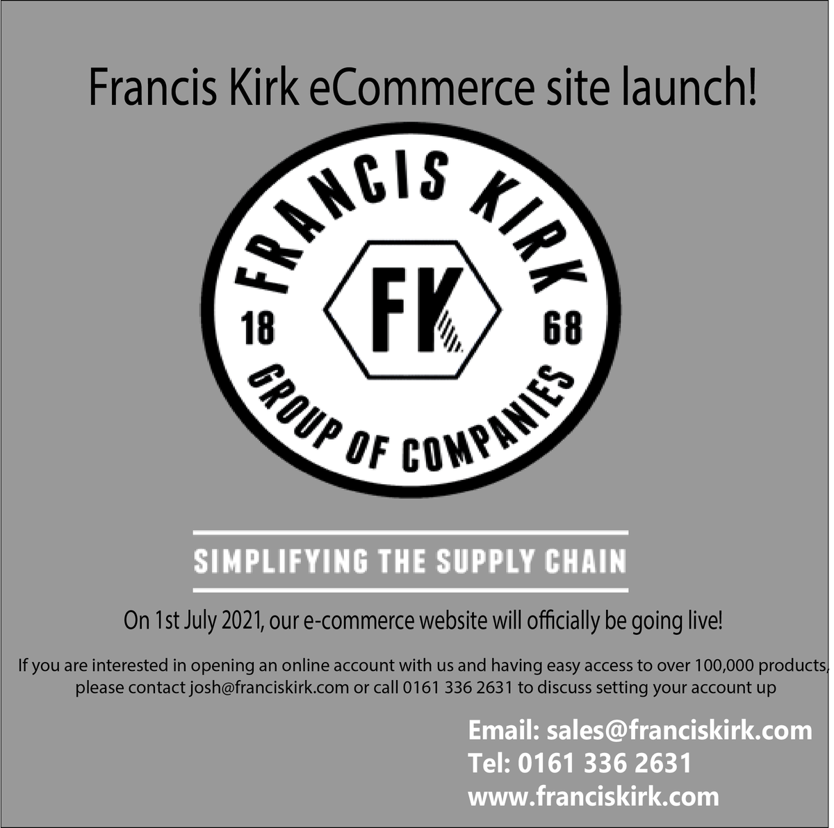 Francis_Kirk's tweet photo. We are happy to say our new Ecommerce site is on the verge of going live.
to receive your log ins please email josh@franciskirk.com
#ecommerce #simplifythesupplychain #oneclickordering https://t.co/VJaikKSbja