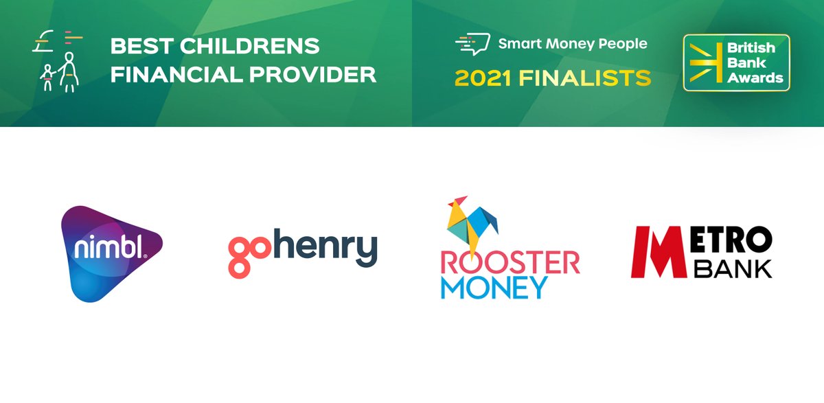 Which of our finalists will take home the inaugural Best Children's Financial Provider 🏆 at the British Bank Awards 2021? Will it be <a href="/nimbltalk/">nimbltalk</a> <a href="/gohenry/">GoHenry</a> <a href="/rooster_money/">NatWest Rooster Money</a> or <a href="/Metro_Bank/">Metro Bank</a>? We'll reveal all on the 8th July right here at 3pm. #BBA2021 #childrensfinance #customerdecided