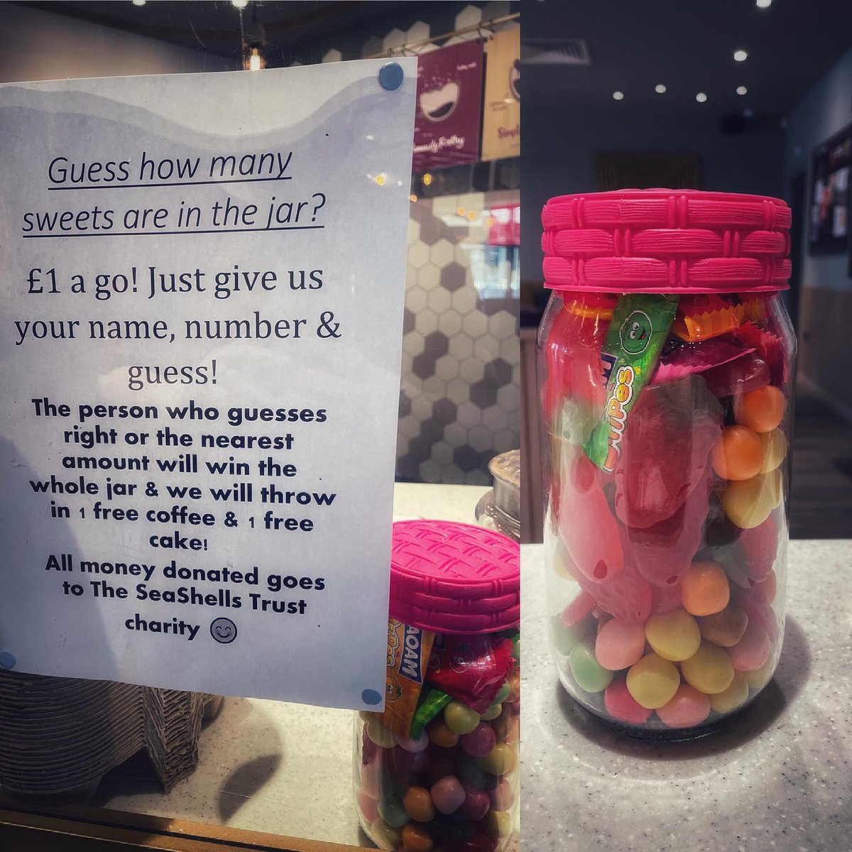 TimeOutGroupNW's tweet photo. Our friends at Costa coffee are raising money for our other friends at @seashelltrust 
Guess how many sweets in the jar🍬
If you're in Handforth this week, why not have a go??
Good luck! 🍀

#costa #costacoffee #handforth #fundraiser #charity #charitiessupportingcharities https://t.co/1AxfPbHsty