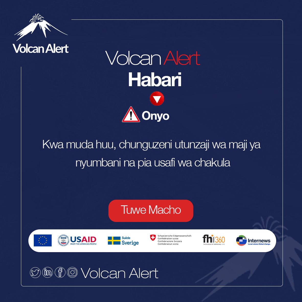 AlertVolcan's tweet photo. Kwa muda huu, chunguzeni utunzaji wa maji ya nyumbani na pia usafi wa chakula
#VolcanAlert #EruptionNyiragongo #Goma #RDC #Internews #USAID #SuedeSverige #FHI360 #ConfederationSwisse #MSDA https://t.co/Xg63Pi83er