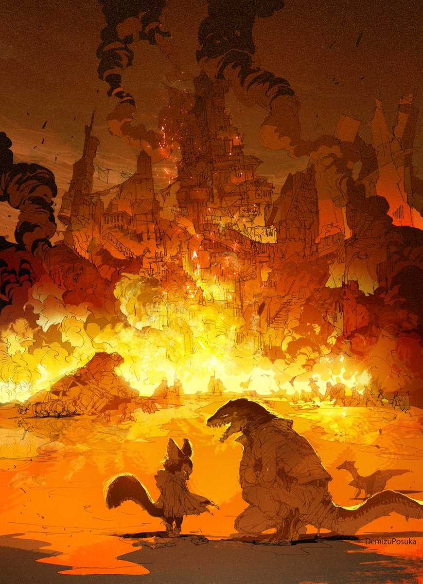 smoke tail fire orange theme standing dragon city  illustration images