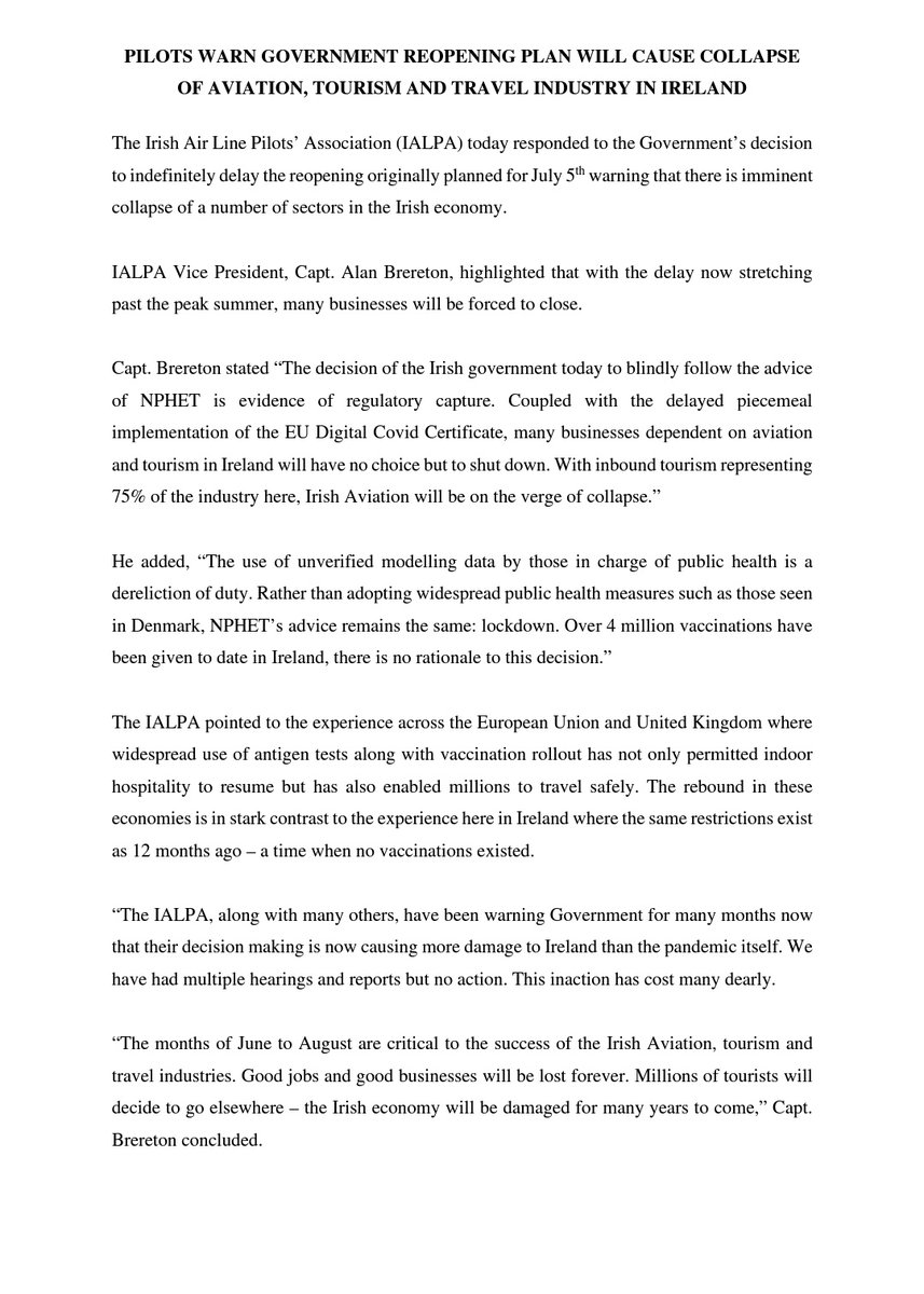 READ: Our latest press release ⬇️

Government decision today means "many businesses dependent on aviation and tourism in Ireland will have no choice but to shut down - the Irish economy will be damaged for many years to come."
