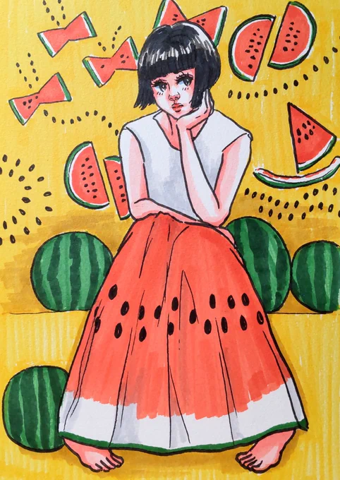 🍉
#お絵描き
#イラスト
#アナログ
#女の子 #レトロ 
#スイカ 
#ファッション
#nostalgia
#retro
#retrostyle
#vintagefashion
#japanesegirl 