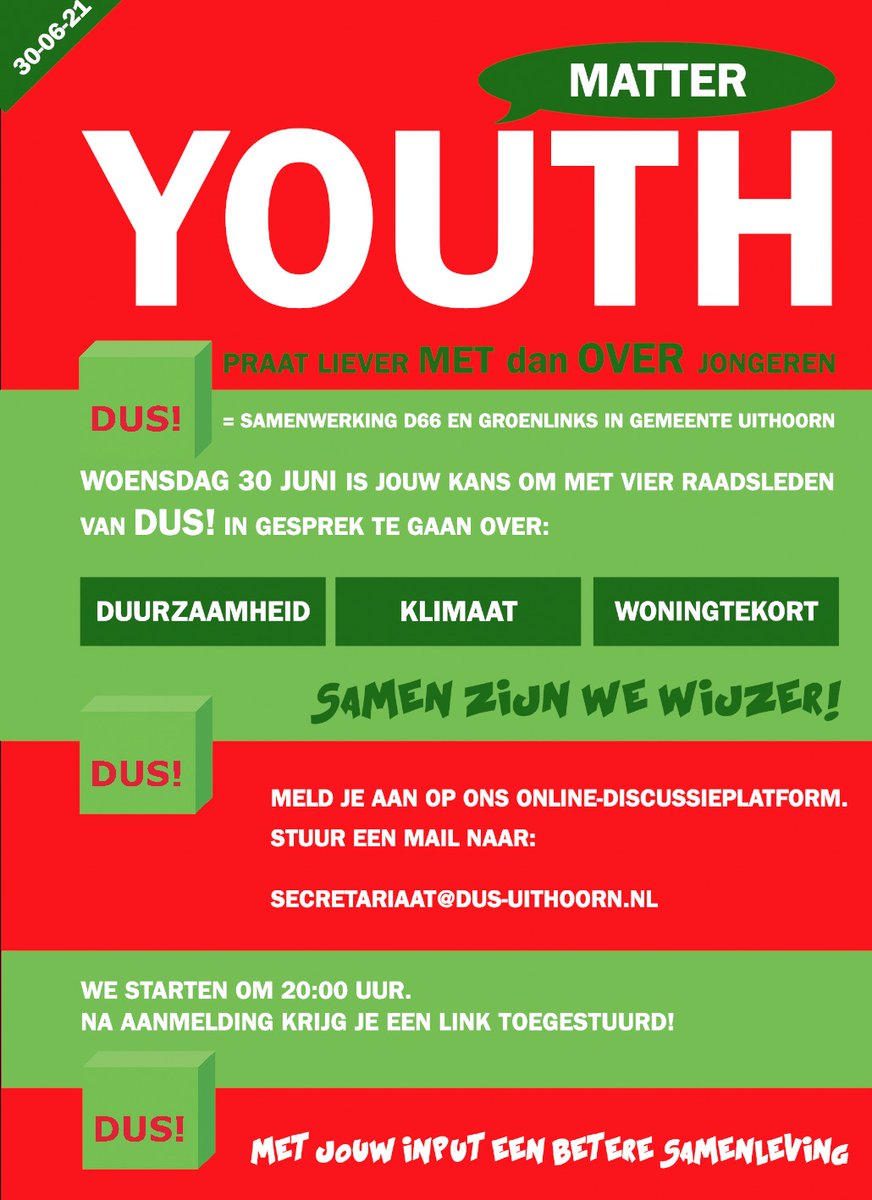 DUSUithoorn's tweet photo. Woensdag 30 juni, 20 uur een online discussieavond voor jongeren (15-25 jaar) in Uithoorn en De Kwakel over maatschappelijke thema's zoals huisvesting en klimaat, meld je aan en praat mee secretariaat@dus-uithoorn.nl.
#DUSuithoorn #Jongeren #Huisvesting #klimaat #praatmee https://t.co/CJ73yezHP2
