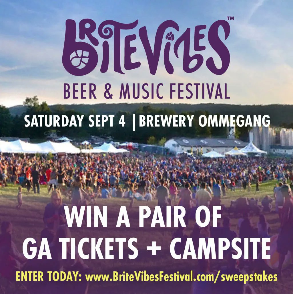 ✨ WIN A PAIR OF GA TICKETS + CAMPSITE to BriteVibes Beer &amp; Music Festival™! ✨🍻🎸
Enter at: BriteVibesFestival.com/sweepstakes Good luck! #BriteVibes (21+) <a href="/NYScraftbeer/">New York State Craft Beer</a> <a href="/BreweryOmmegang/">Brewery Ommegang</a>