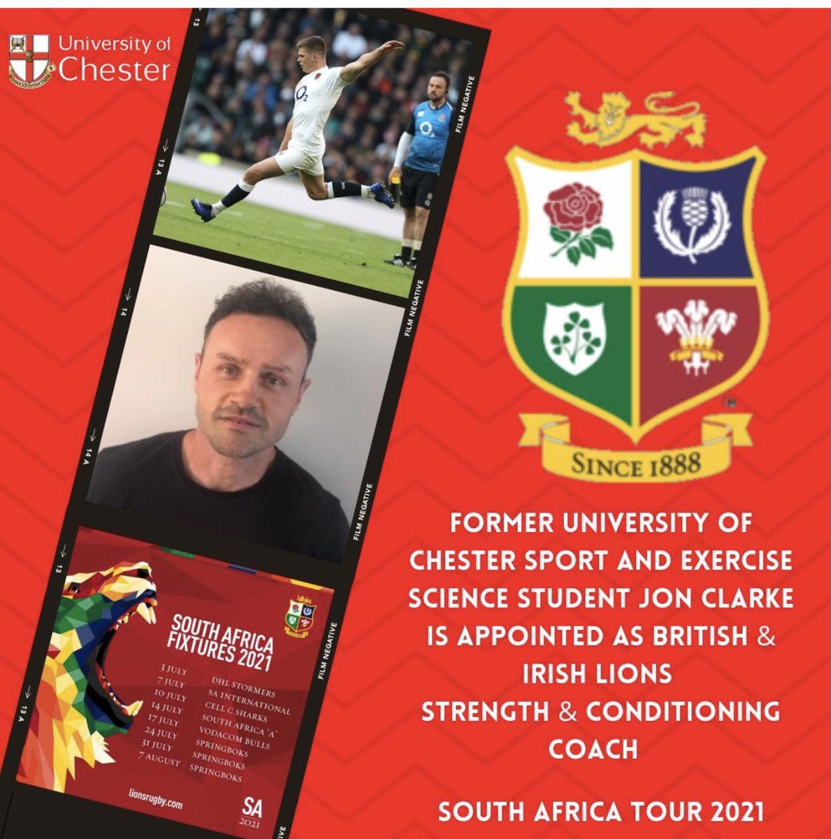 SESChester (@seschester) on Twitter photo Former SES student Jon Clarke is appointed as Strength and Conditioning Coach for The British and Irish Lions South Africa Tour! See our Instagram post @uocses for more info and inspiration! Let’s get behind the lions 🦁<a href="/lionsofficial/">British & Irish Lions</a> Former SES student Jon Clarke is appointed as Strength and Conditioning Coach for The British and Irish Lions South Africa Tour! See our Instagram post @uocses for more info and inspiration! Let’s get behind the lions 🦁<a href="/lionsofficial/">British & Irish Lions</a>