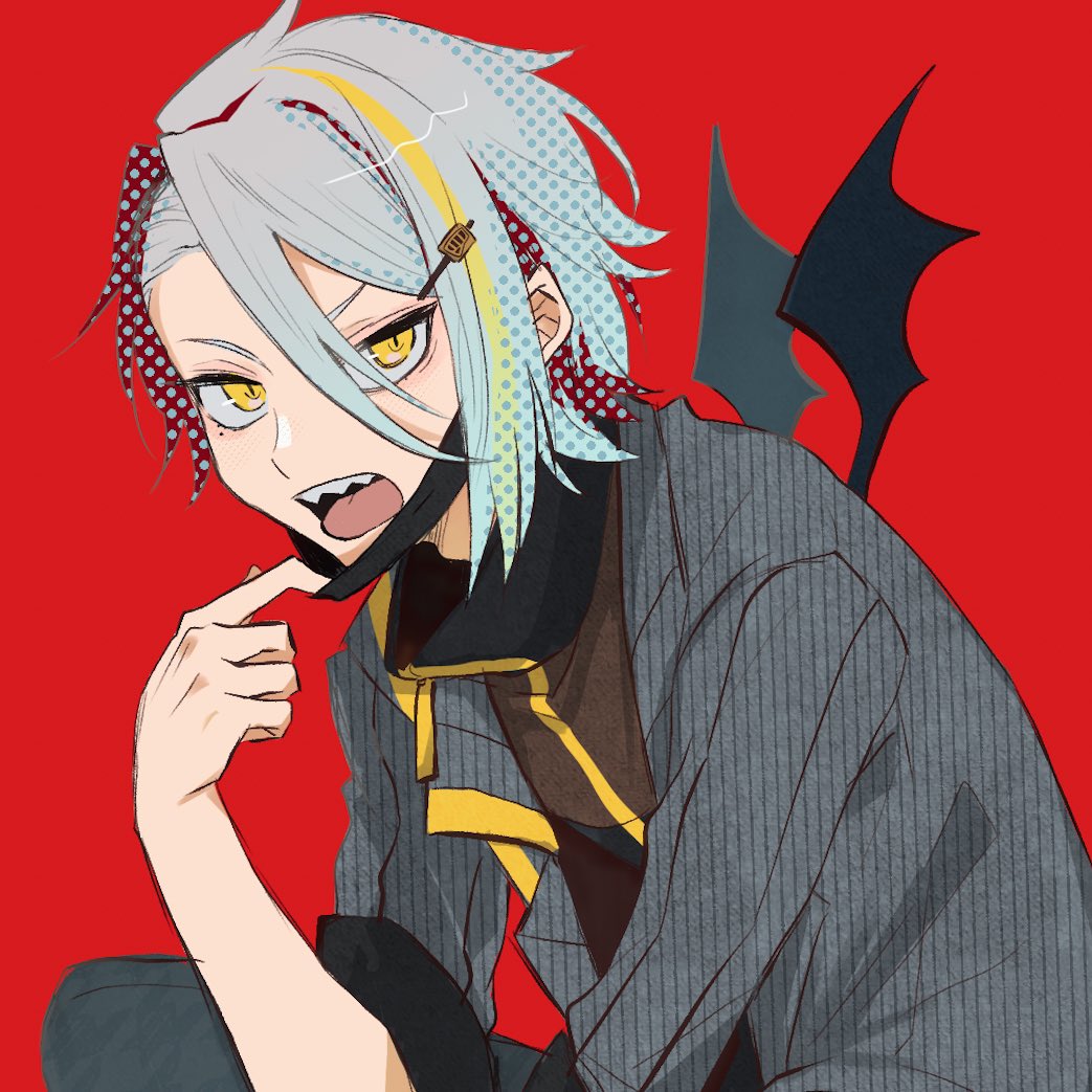 male focus 1boy yellow eyes red background streaked hair mask pull solo  illustration images