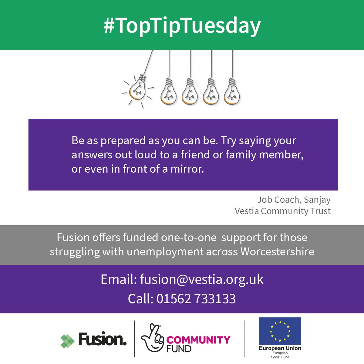 FusionWorcs's tweet image. This week&apos;s #TopTipTuesday! Make sure you are as prepared as you possibly can be for an interview. Practice your answers with friends, family or even in front of the mirror. Get in touch for support towards #employment
@TNLComFund #tnlcomfundesf #WeBelieveInYou