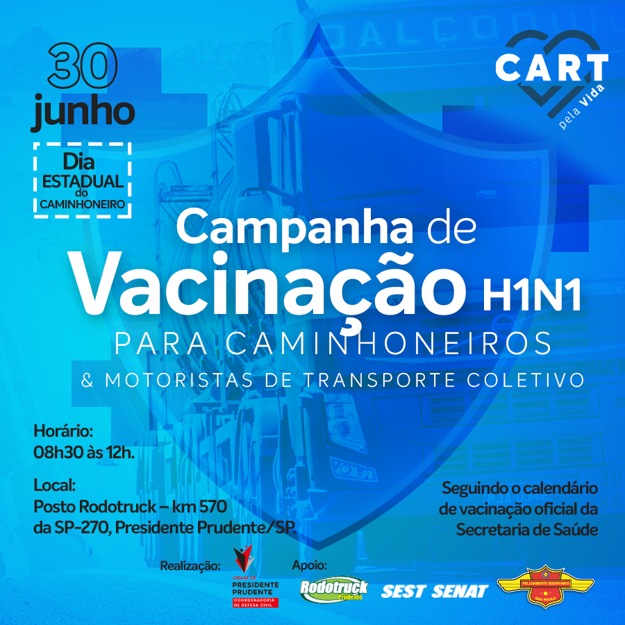 cart_sp's tweet photo. Nada melhor do que comemorar o #DiaEstadualdoCaminhoneiro com uma ação em prol da saúde!

Amanhã é dia de #CARTpelaVida com a campanha de vacinação de H1N1 para caminhoneiros e motoristas de transportes coletivos. 

#cartsp #artesp #caminhoneiros #cidadania #vacina https://t.co/cULskXYzpL